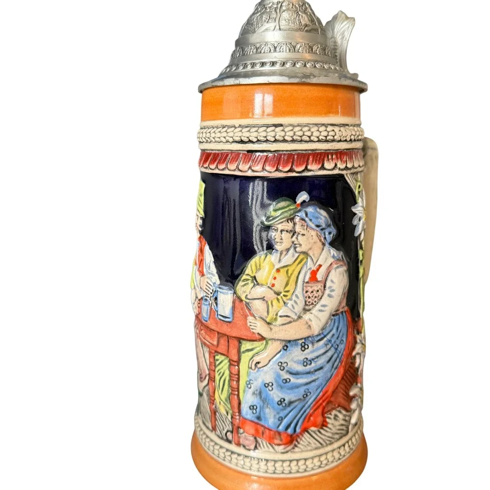 Gerz Germany Beer Stein‎ Edelweiss Floral Tavern Scene Pewter Lid Vintage